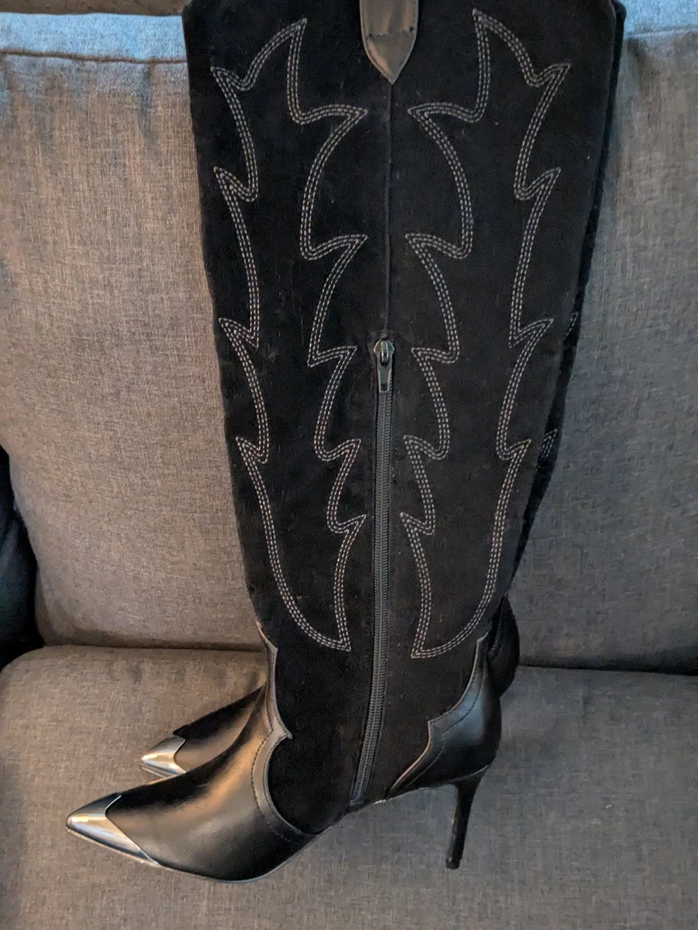 Women Steel Pointed Toe Cap Knee High Boots Embroidery Stiletto Black Heels 6.5